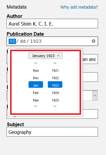 Month and Year menu with Jan 1923 selected and highlighted.