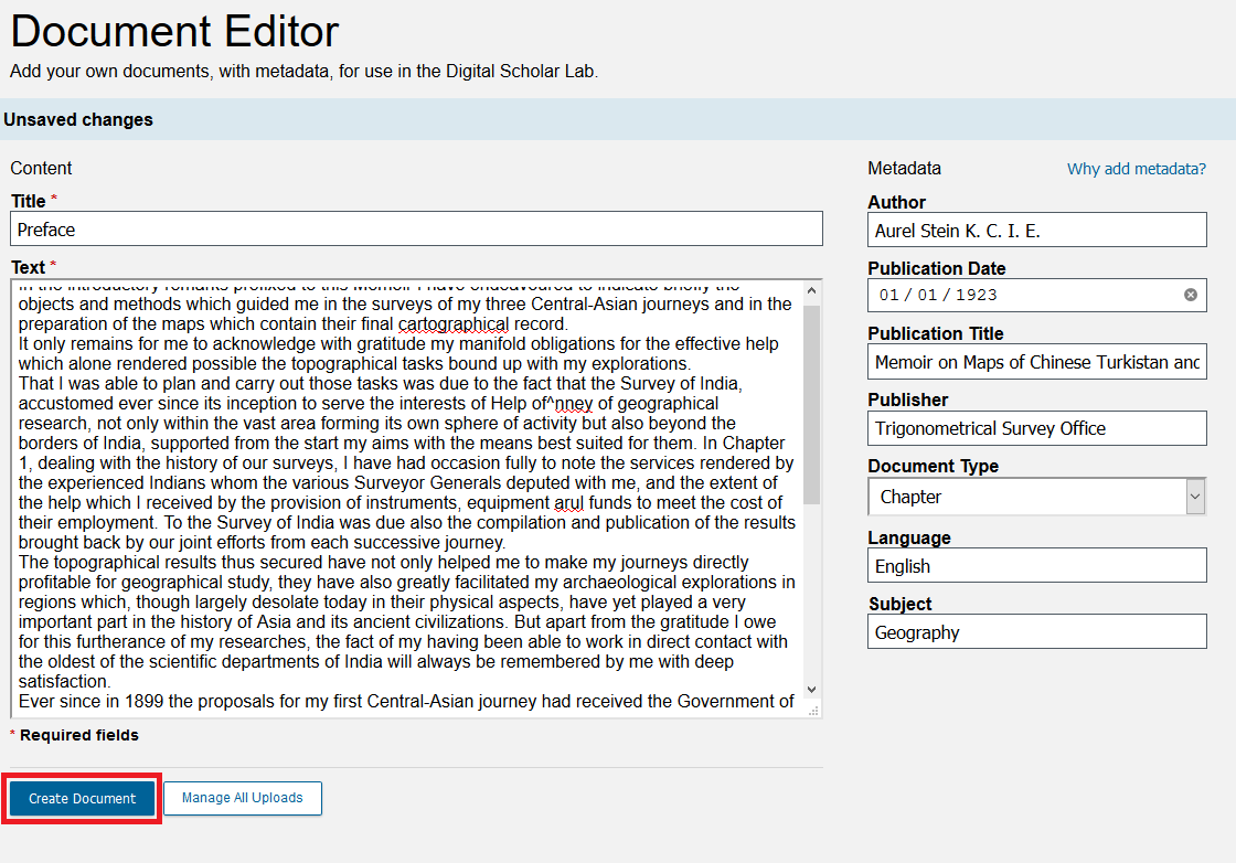 Document Editor with Create Document highlighted.