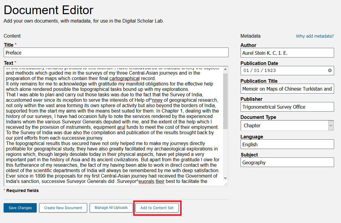 Document Editor with Add to Content Set highlighted.