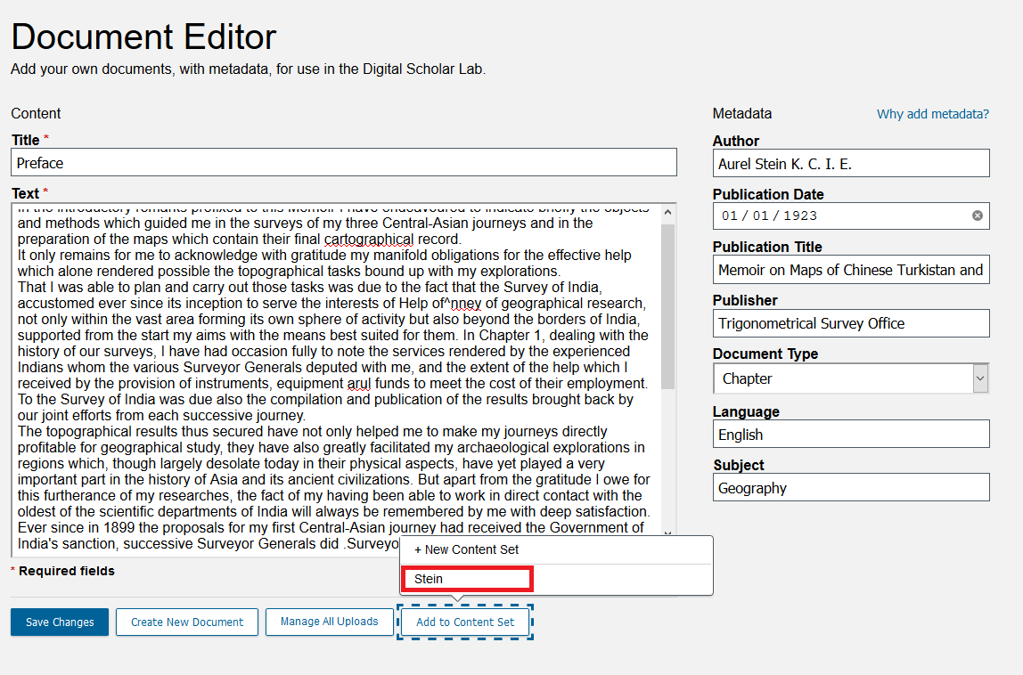 Document Editor with Add to Content Set drop-down menu open and Stein highlighted.