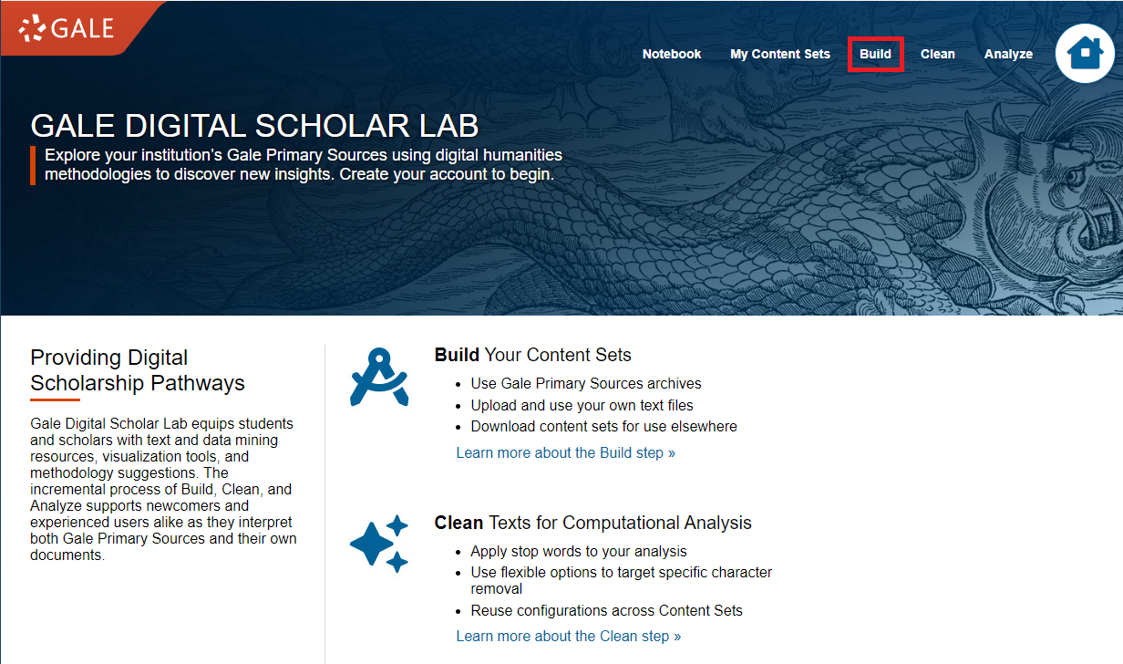 Digital Scholar Lab main page with Build highlighted in the top menu.