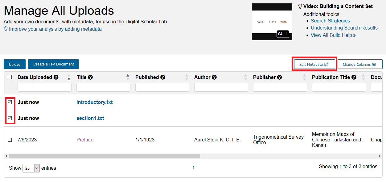 Manage All Uploads page with the two new files selected and Edit Metadata highlighted.