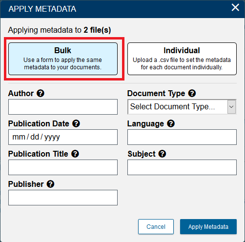 Apply Metadata window with Bulk highlighted.