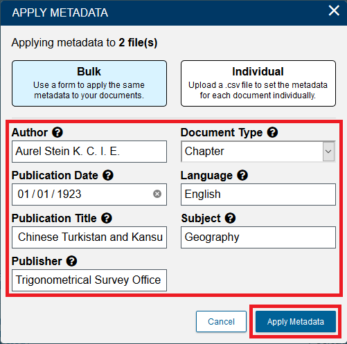 Apply Metadata window with the metadata fields filled in and highlighted.