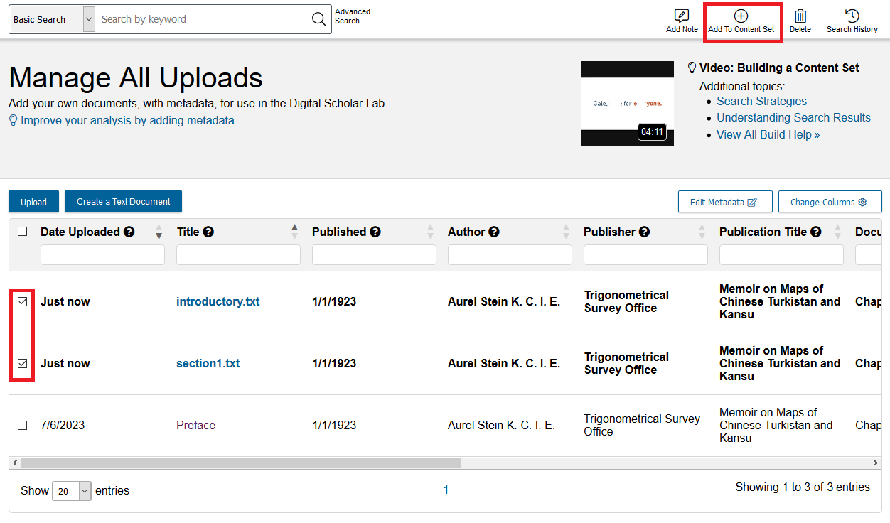 Manage All Uploads page with the two new files now with complete metadata, both selected and Add to Content Set highlighted.