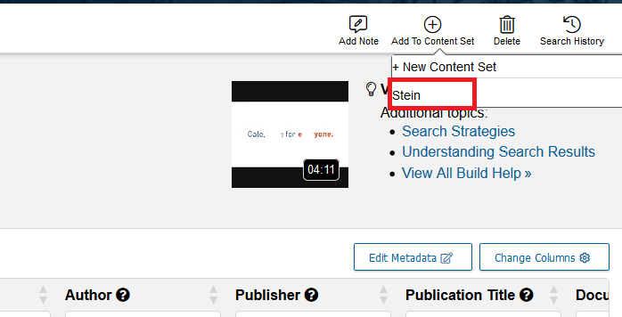 Add to Content Set drop down menu with Stein highlighted.