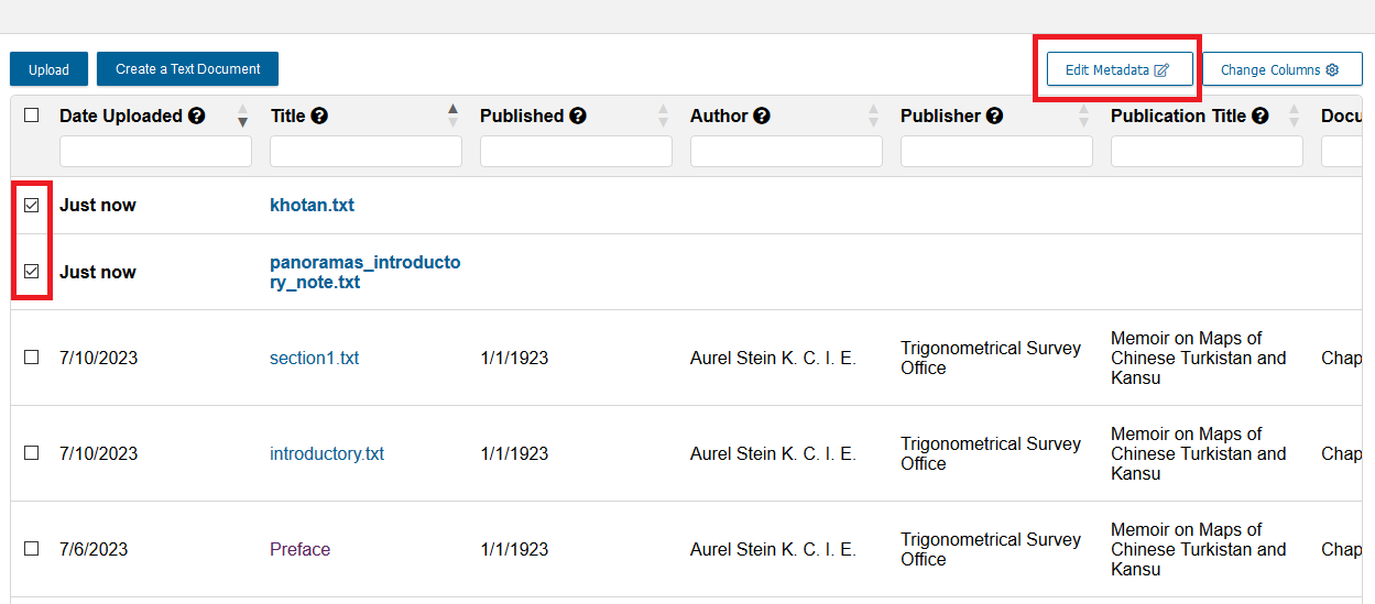 Manage All Uploads page with the two new files selected and Edit Metadata highlighted.