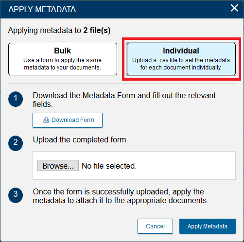 Apply Metadata window with Individual highlighted.