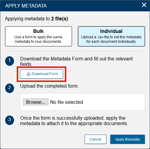 Apply Metadata window with Download Form highlighted.