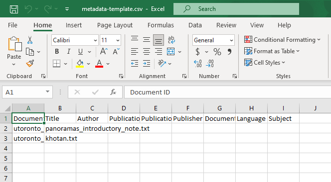 Metadata.Template.csv opened in excel.