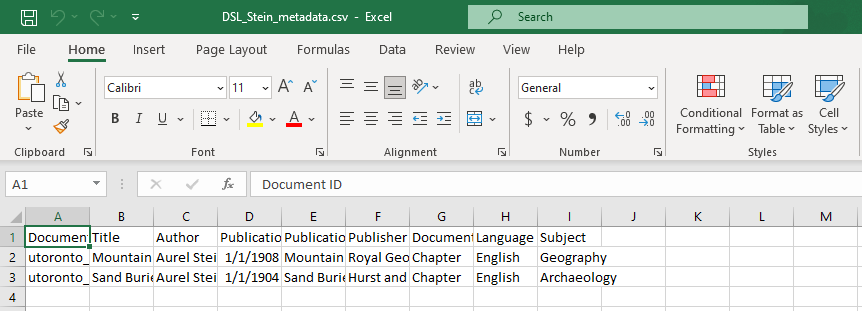 Metadata.Template.csv opened in excel with all fields filled out.