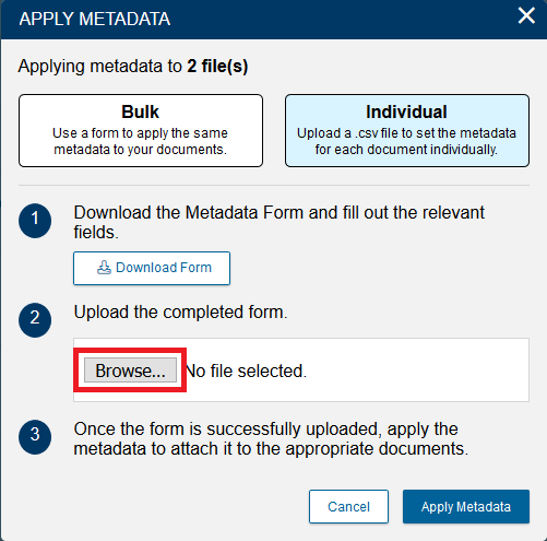 Apply Metadata window with Browse… highlighted.