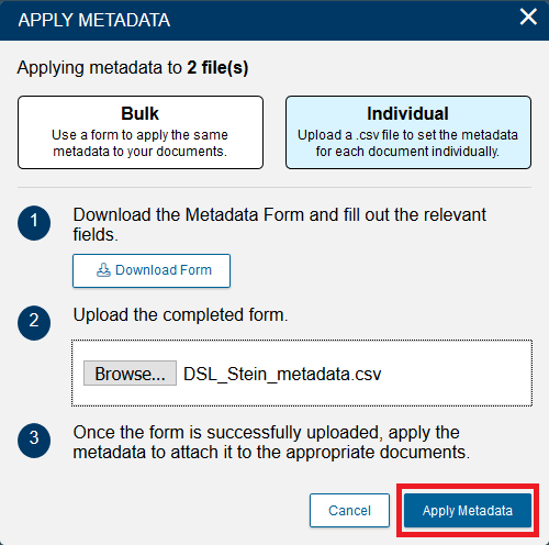 Apply Metadata window with Apply Metadata highlighted.