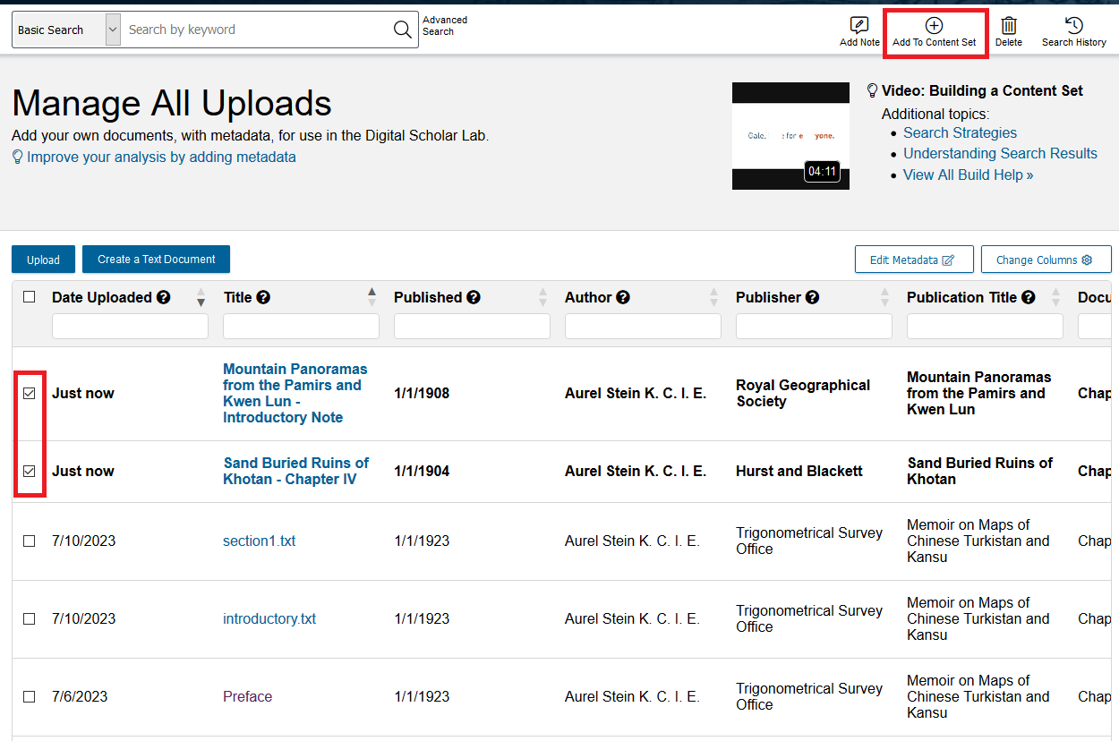 Manage All Uploads page with the two new files now with complete metadata, both selected and Add to Content Set highlighted.