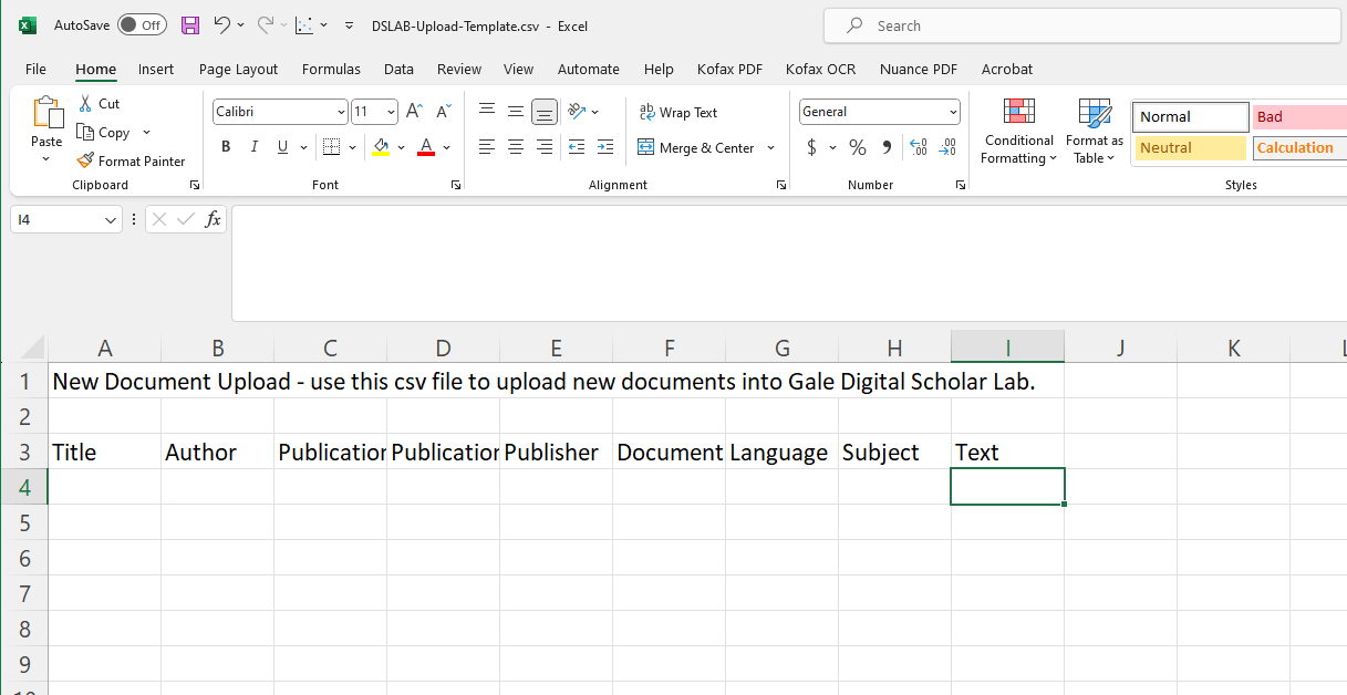 Upload template in Excel