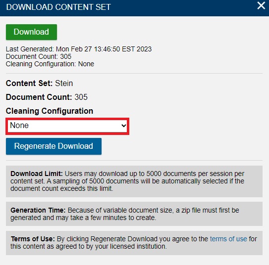 Download Content Set window with the Cleaning Configuration drop-down menu highlighted.