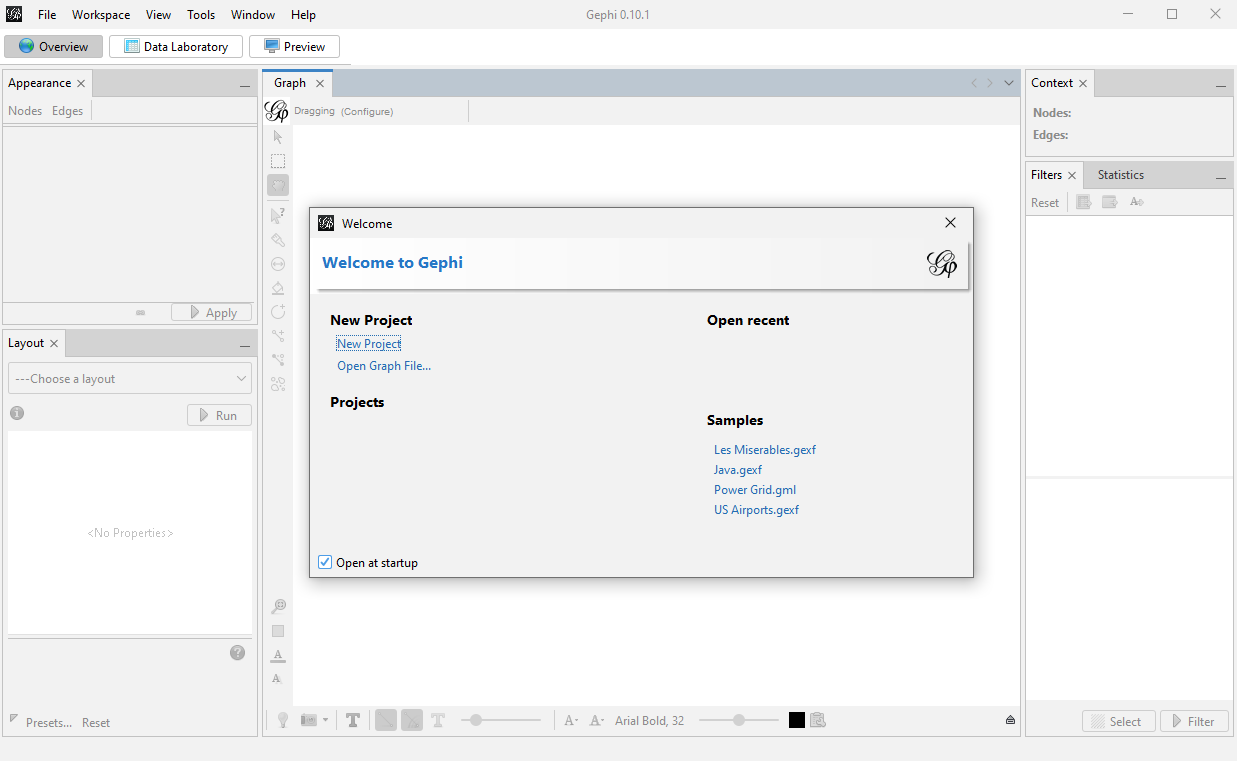 The Gephi application with the 'Welcome' startup menu.