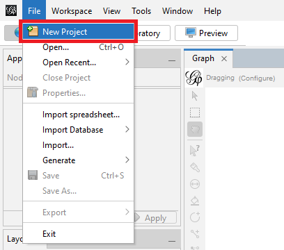 Gephi's top menu with 'New Project', listed underneath 'File', highlighted.