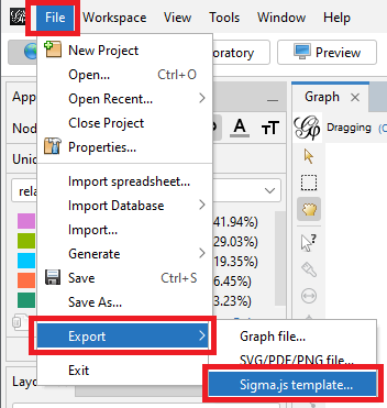 The 'File' menu with 'Export' and 'Sigma.js template...' highlighted.