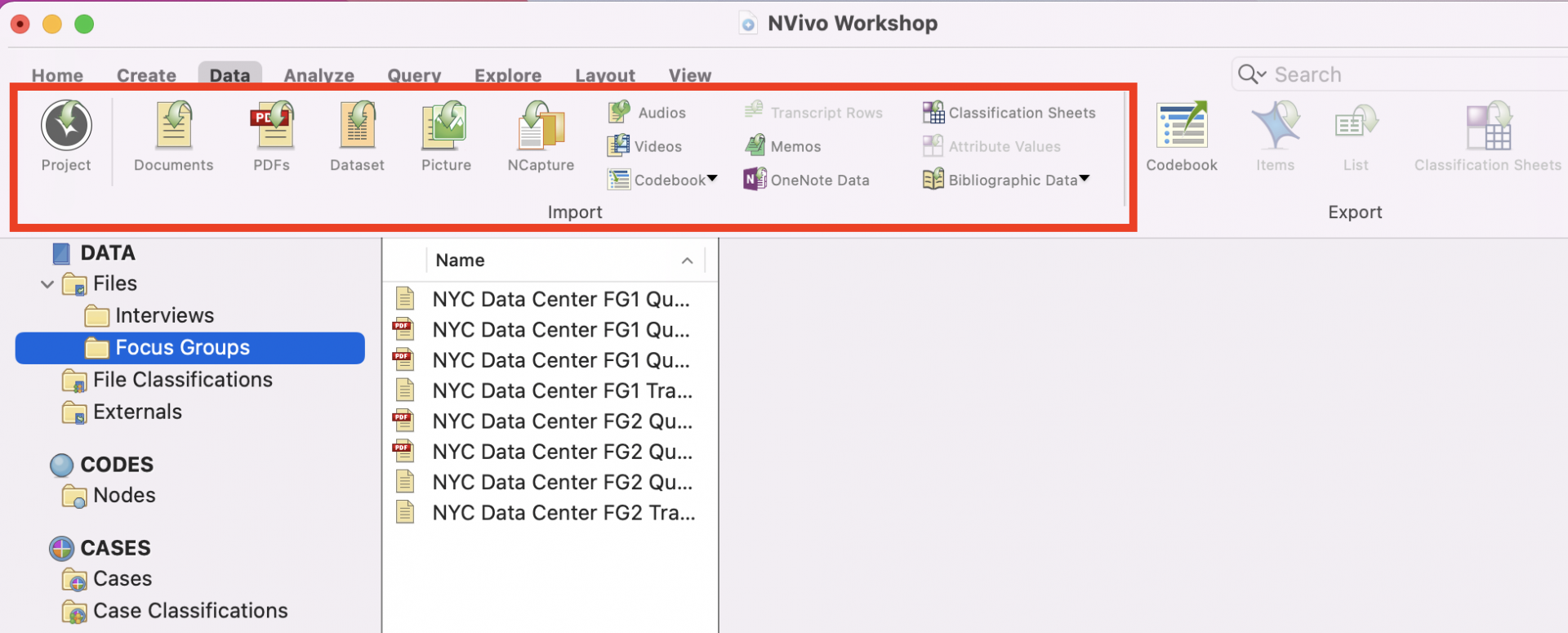 Red box outlining the options under the Data menu.