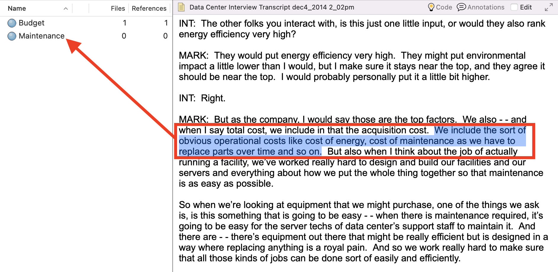 Some interview text selected, with with a rex box around it and an arrow pointing to the Maintenance node.