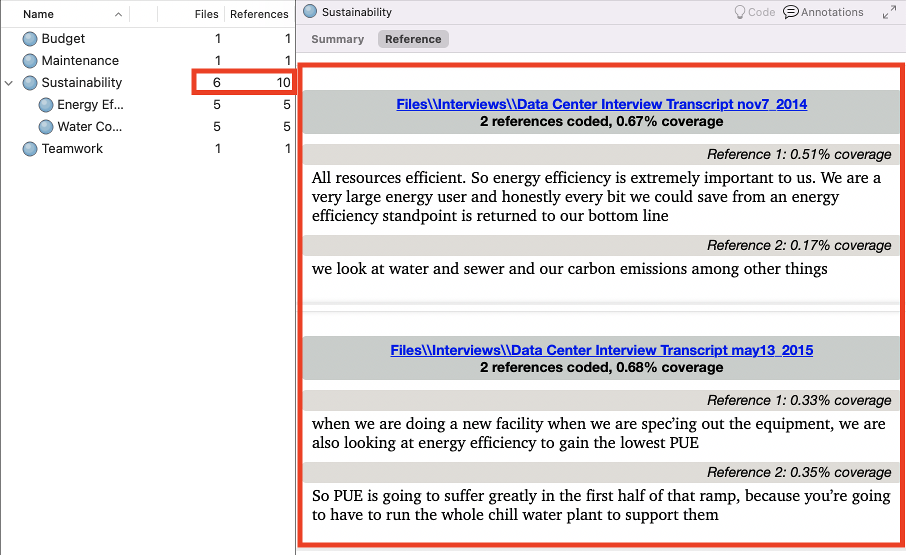 The Sustainability node opened, with all the references from child nodes visible.