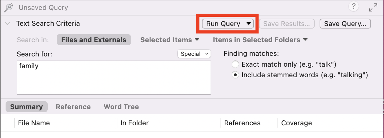 Text query window with Run Query highlighted.