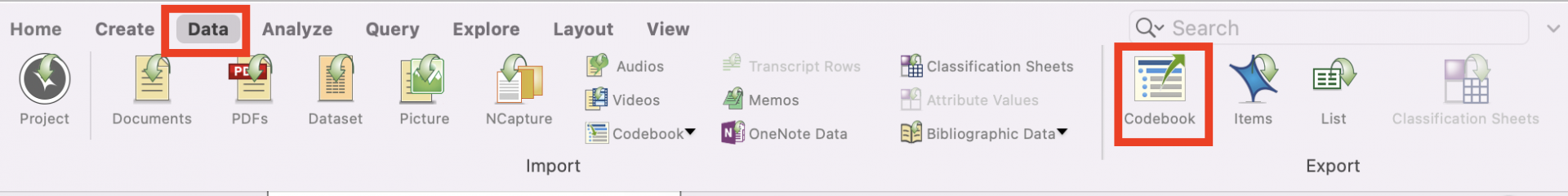 Data menu highlighted and open with Codebook highlighted.