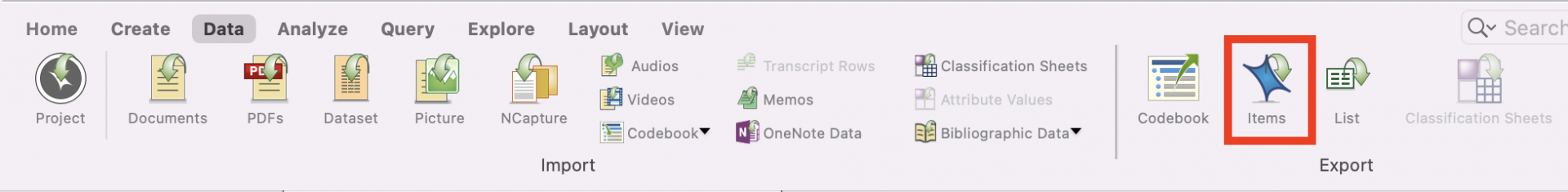 In the Data menu a red box around Items.