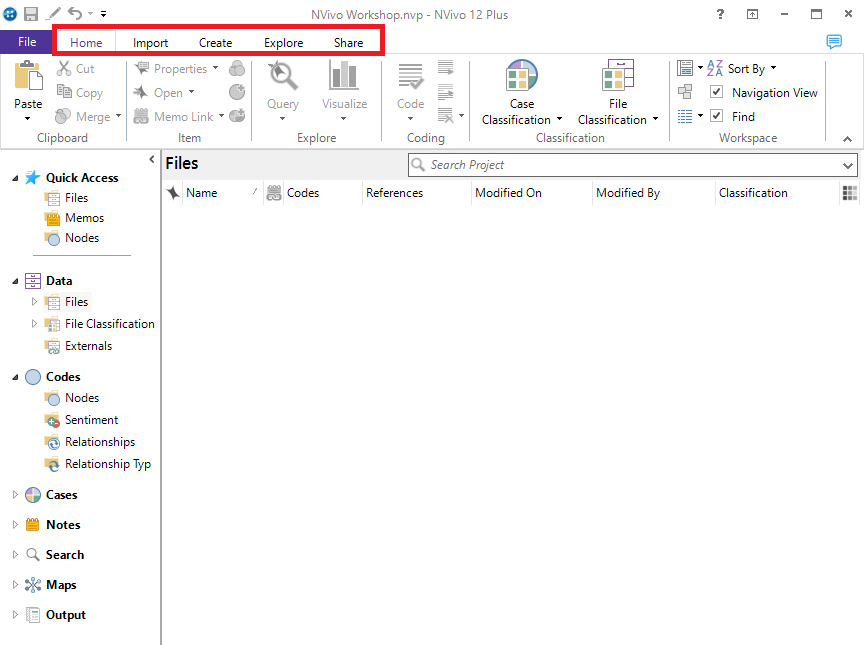 NVivo main window, red box around top ribbon menus.