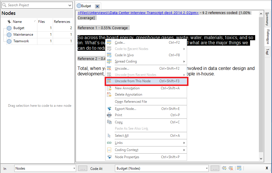 One of the node references is highlighted and the context menu has the uncode option outlined.