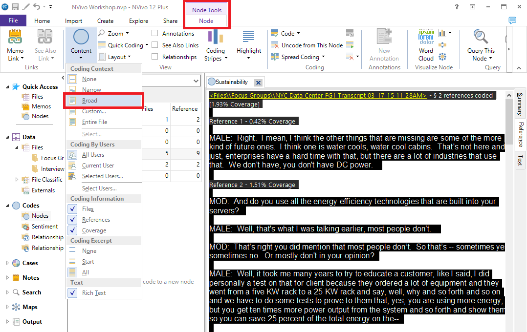 The Sustainability node text selected. In the Node ribbon, the Content drop-down menu is opened and the Broad option is outlined.