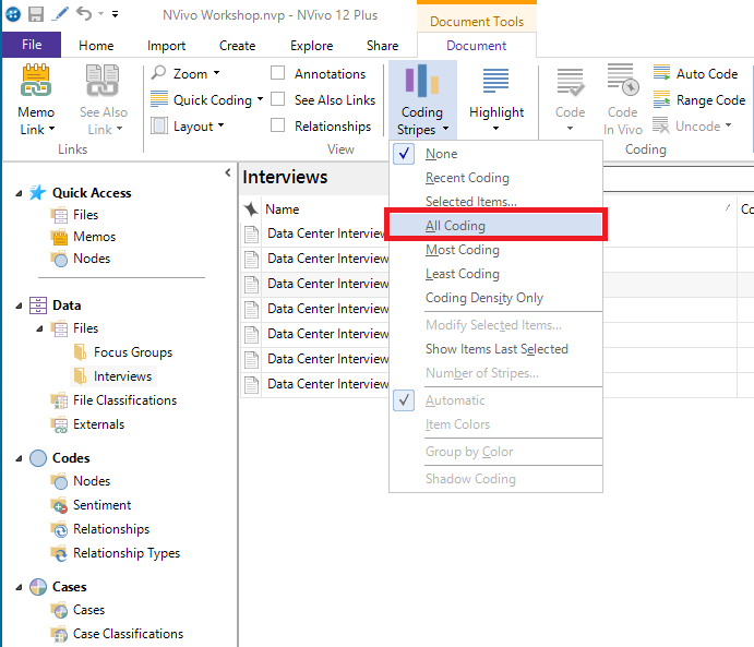 In the Document Tools ribbon, the Coding Stripes drop-down menu is open and All Coding is outlined in red.