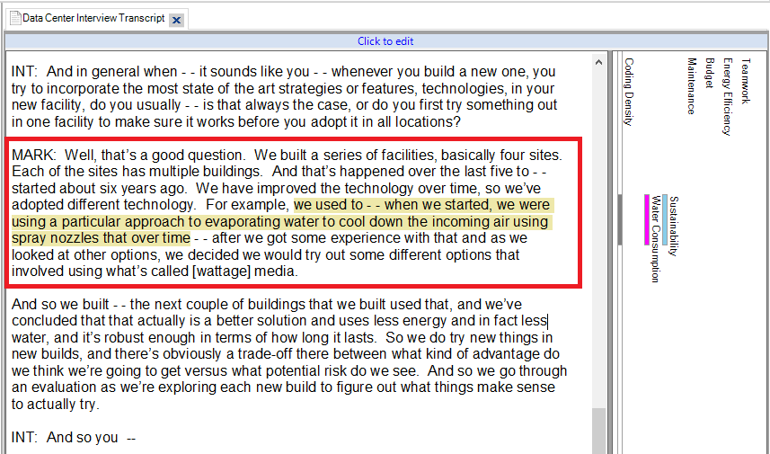 The coded transcript text is highlighted in yellow and outlined with a red box.