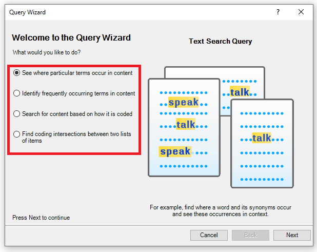 Query Wizard window with a red box around the four options on the left.