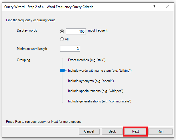 Query Wizard window with Next outlined in red.