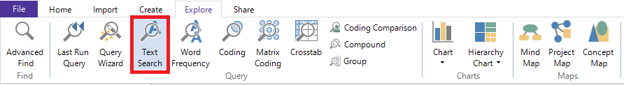 In the Ribbon, under the explore tab, Text Search is outlined in red.