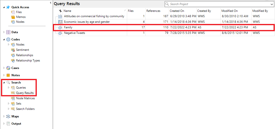 In the left menu, red box around Search and Query Results. In Query Results list, Family is outlined in Red.