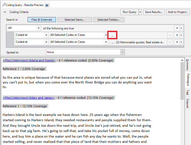 In the Coding Query Results Preview Window, a red box around the ellipses button for Any case where.
