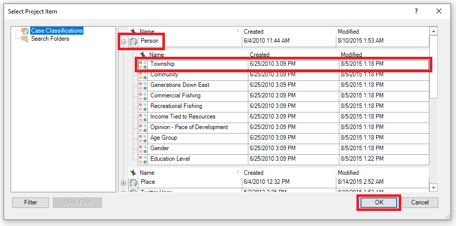 Select Project Items Window with the Case Classifications folder open and township outlined in red.
