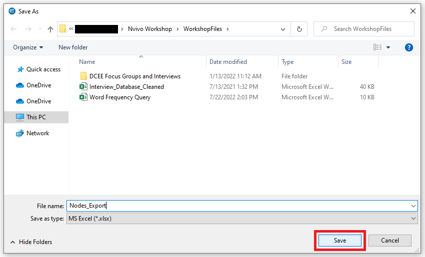 Save As window with the File name field completed and a red box around Save.