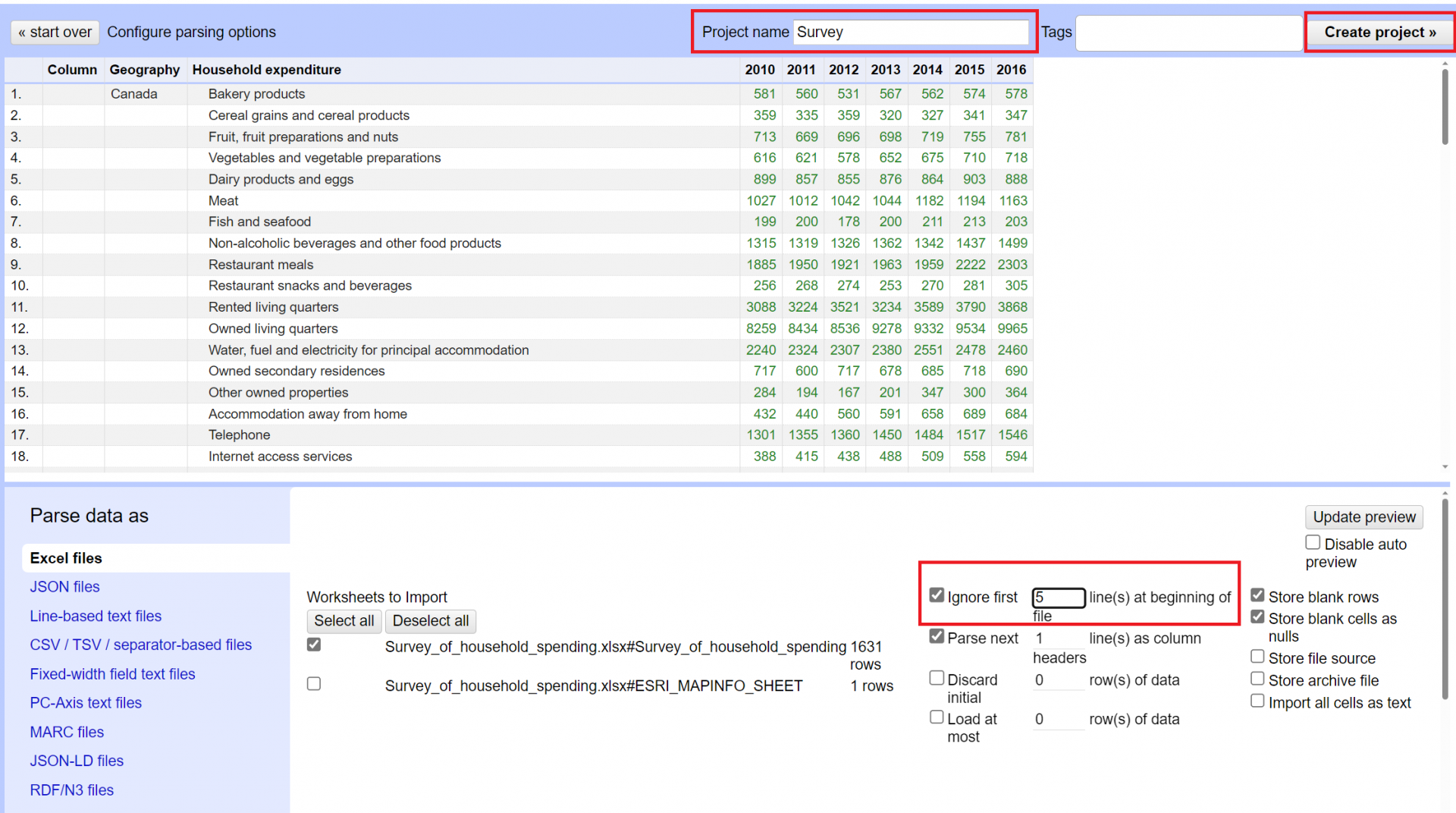 Preview Project window with Ignore Rows, Project name, and Create Project buttons highlighted.