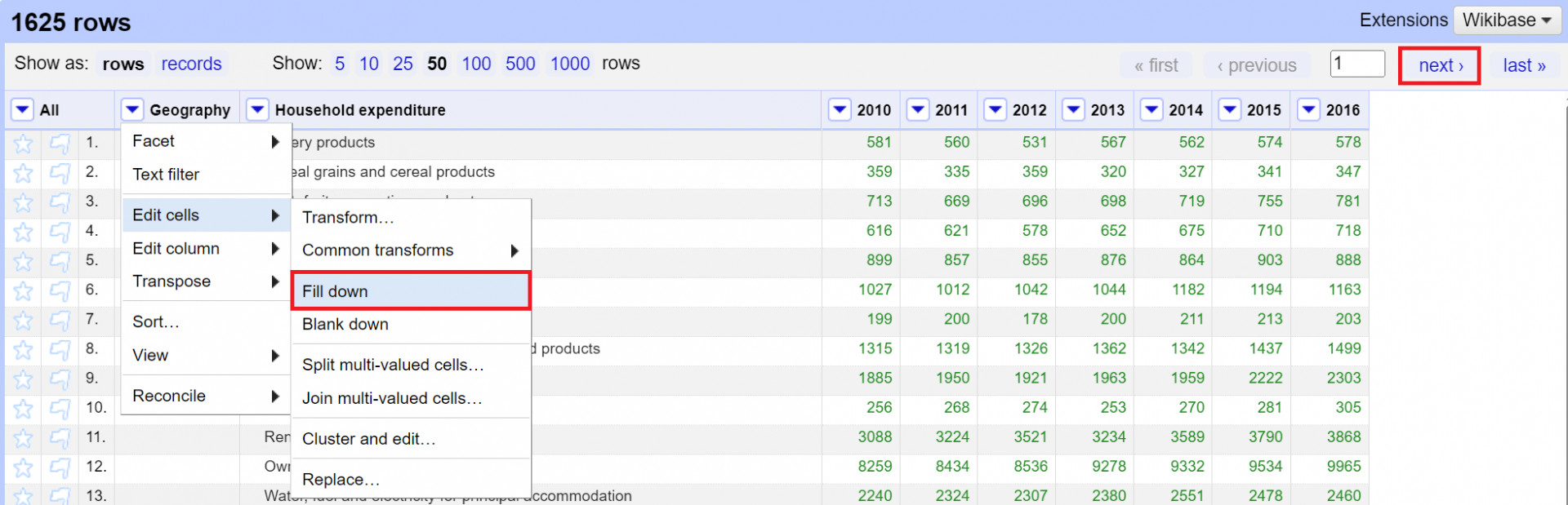 OpenRefine screenshot: drop down on Geography column, Edit cells, Fill down