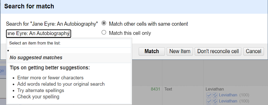 In the search for match pop up, Jane Eyre: An Autobiography is written in the box. There are no suggested matches. 