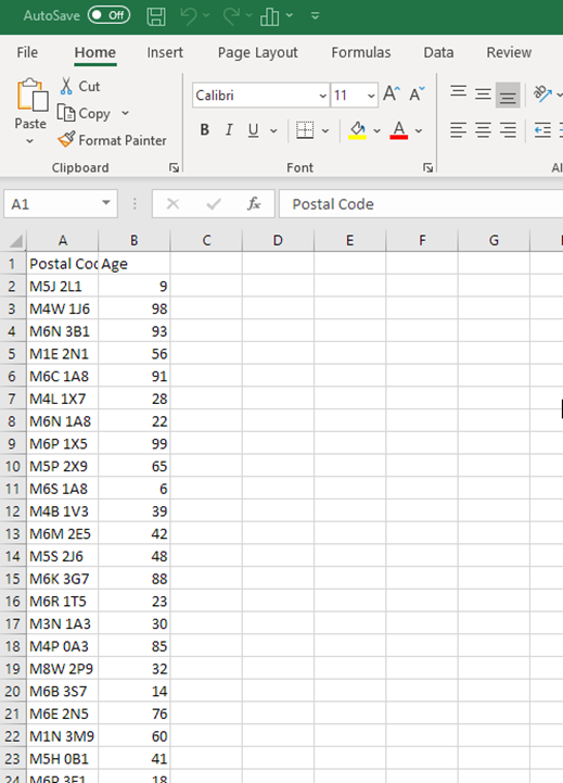 An Excel spreadsheet with two columns: Postal code; Age