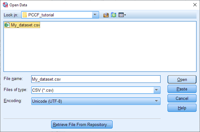 A menu for opening a file. The file is called My_dataset.csv. Files of type is set to CSV. Encoding is set to Unicode (UTF-8). 