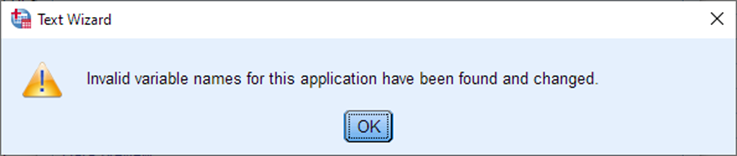 A Text Wizard notification that says: Invalid variable names for this application have been found and changed.