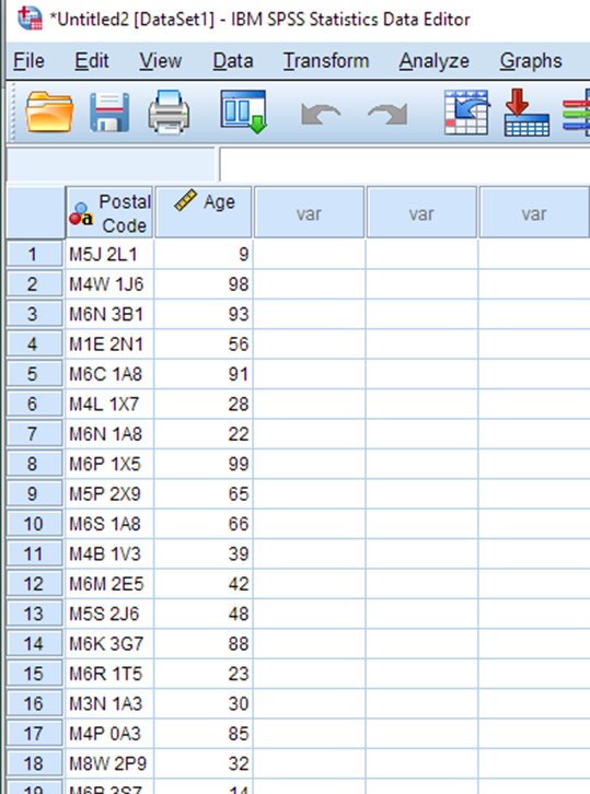 A spreadsheet in SPSS Statistics Data Editor. There are two columns: Postal code; Age 