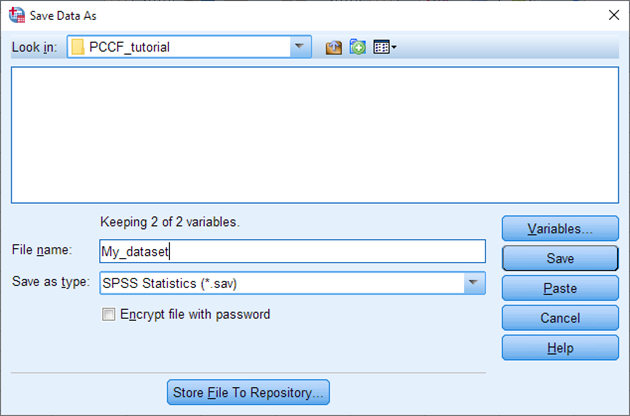 A pop-up titled: Save Data As. File name is set to My_dataset. Save as type is set to SPSS Statistics (.sav). 