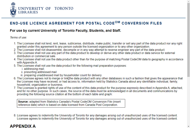 University of Toronto Libraries End-Use License Agreement for Postal Code(om) Conversion Files